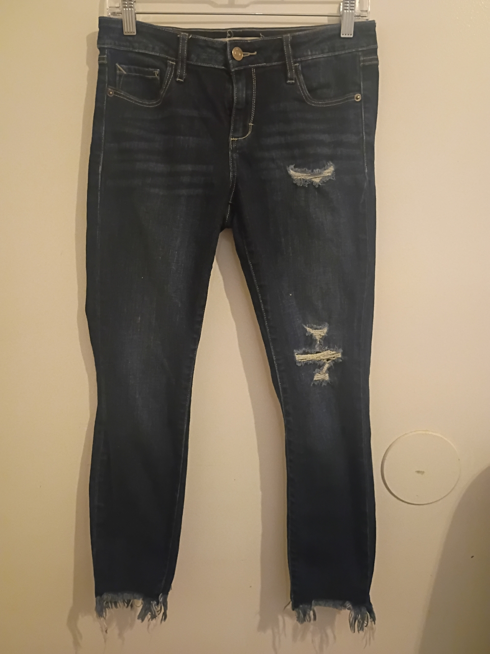 Women's Dark Blue Cropped Distressed Skinny Jeans‎ with Frayed Hem Sz 28